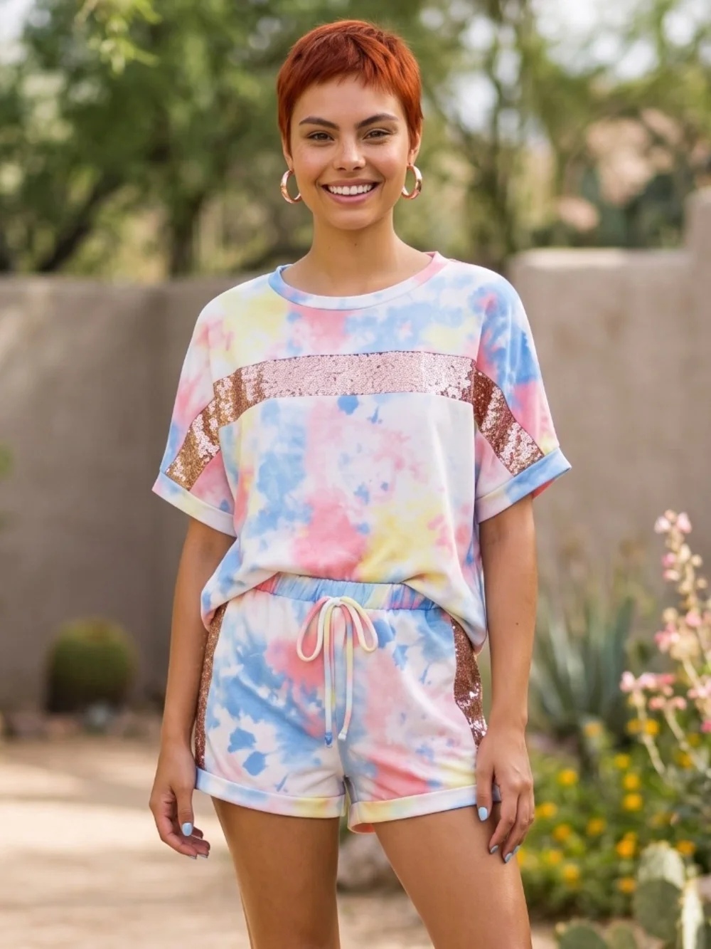 Fantastic Fawn Tie Dye Shorts Set | Sparkly Sequin 2 Piece Matching Lounge Set - Picture 4 of 7